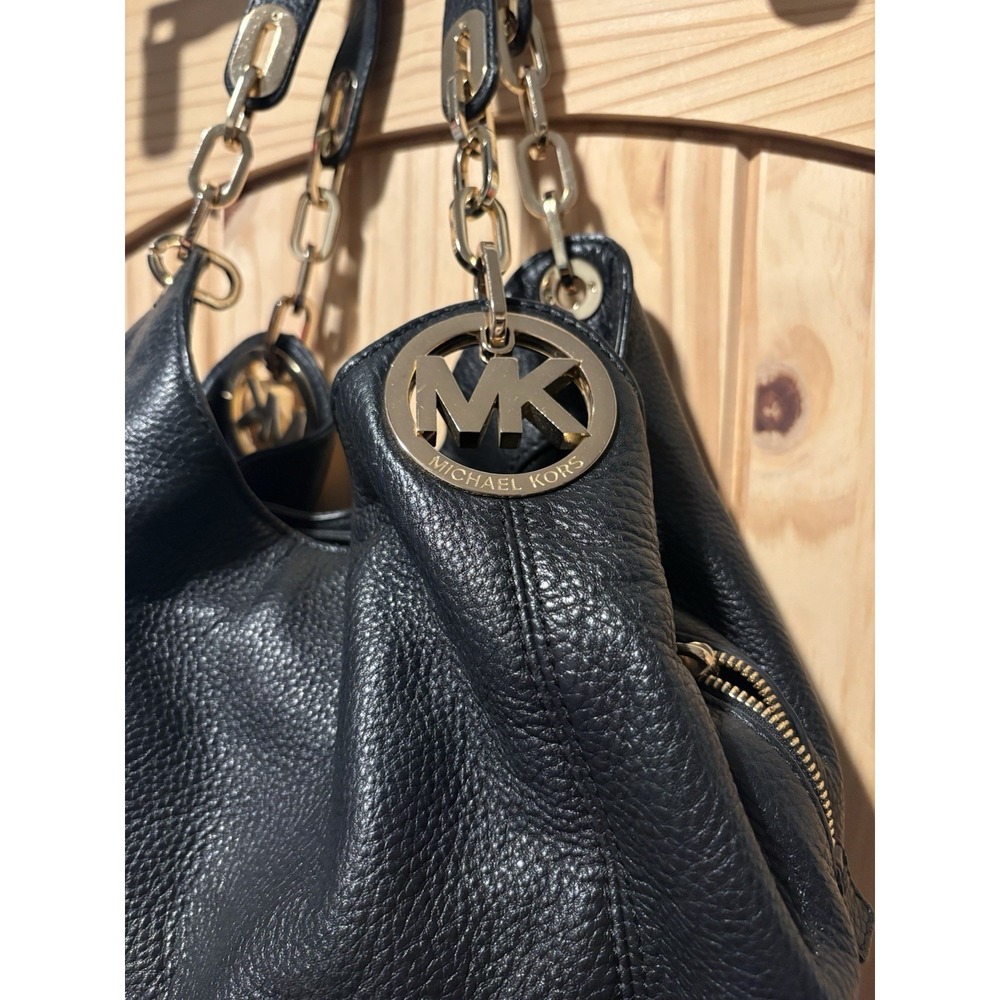Michael Kors Black Pebbled Leather Fulton Hobo Bag Gold Chain Shoulder Purse - Picture 2 of 8